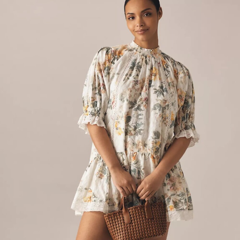 Pilcro Anthropologie Short-Sleeve Mock-Neck Ruffle Mini Floral Dress Small - Picture 8 of 13